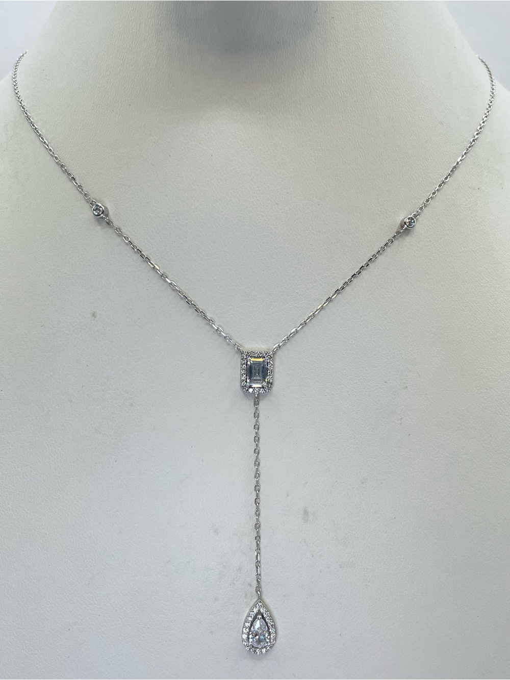 Sterling Silver CZ Lariat Y Necklace Pear Teardrop Baguette Dainty Bridal